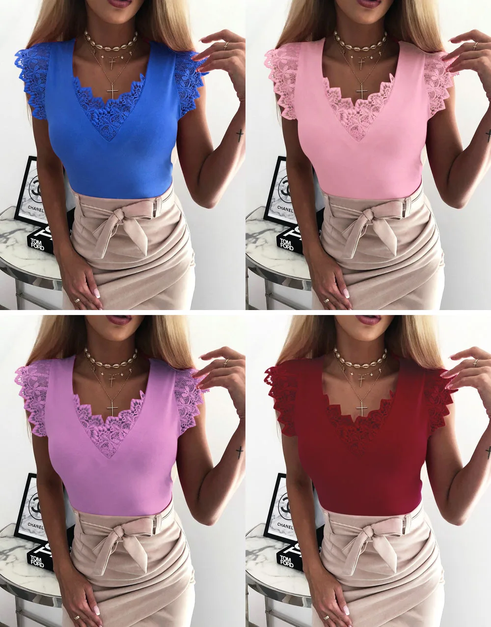Women Summer T-shirts Sexy V-neck Lace Stitching Bandage Tank Tops Women Casual Bustier Top Tee