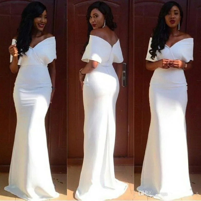 

White Muslim Evening Dresses 2019 Mermaid V-neck Short Sleeves African Islamic Dubai Saudi Arabic Long Formal Evening Gown Prom