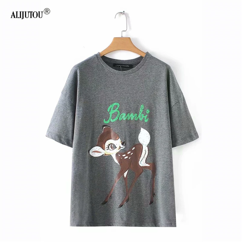 Bambi Cartoon T-Shirt Women 2019 Summer Harajuku Casual Deer Printed Round Neck Short Sleeve Tee zaraing Streetwear Tshirt tops