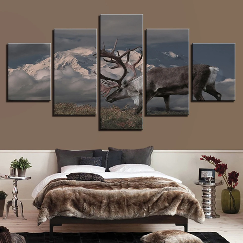 

Frame Modern Painting On Canvas Home Decoration 5 Panel Snow Mountains Deer Living Room Wall Art Pictures HD Printed Posters