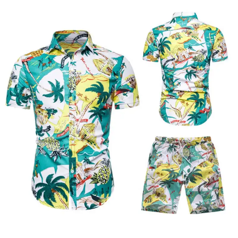 Летние модные рубашки с цветочным принтом для мужчин+ шорты, мужские рубашки с коротким рукавом, повседневные мужские комплекты одежды, спортивный костюм, большие размеры
