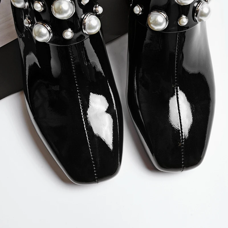 MNIXUAN/Модная женская обувь; ботильоны; новые зимние ботинки «Челси» из натуральной кожи с квадратным носком; полусапожки с жемчугом; большие размеры 34-43