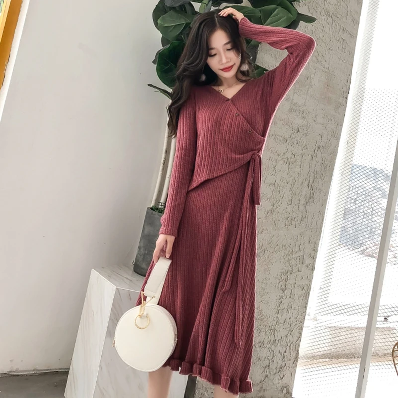 

2019 Autumn Winter Chic Midi Dresses Women Elegant Casual High Waist Knitted Dress Party Long Sleeve Runway Plus Size Vestidos