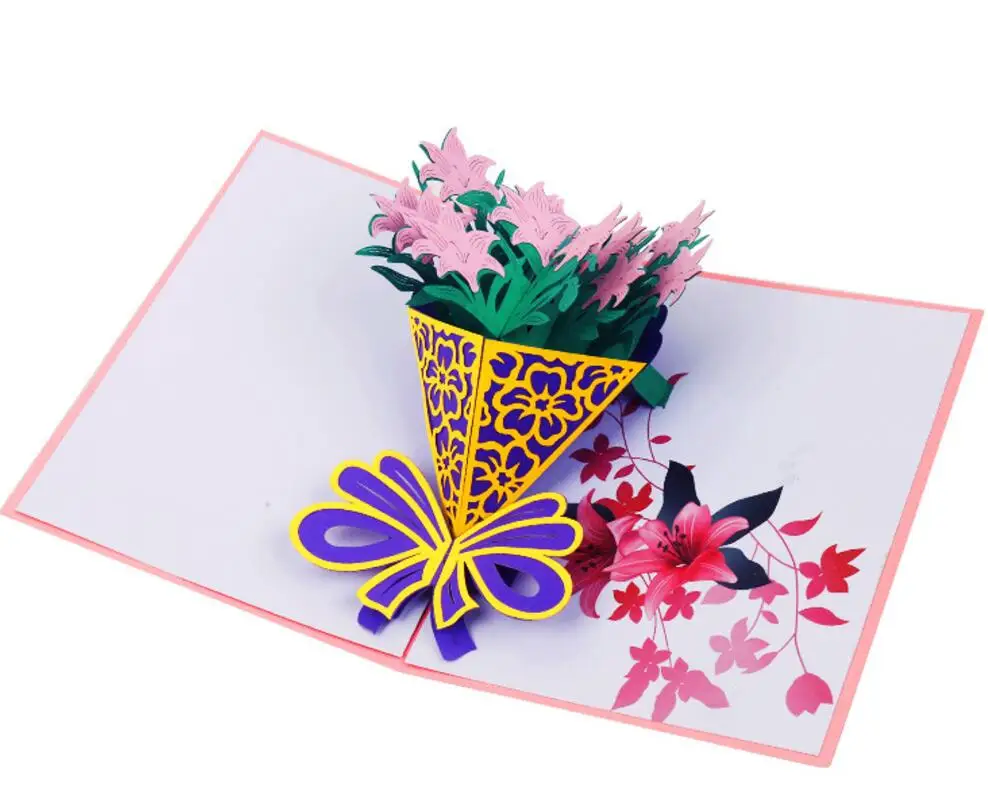  10pcs Lily Bouquet Handmade Kirigami Origami 3D Pop UP Greeting Cards Invitation card For Wedding B - 32863829481