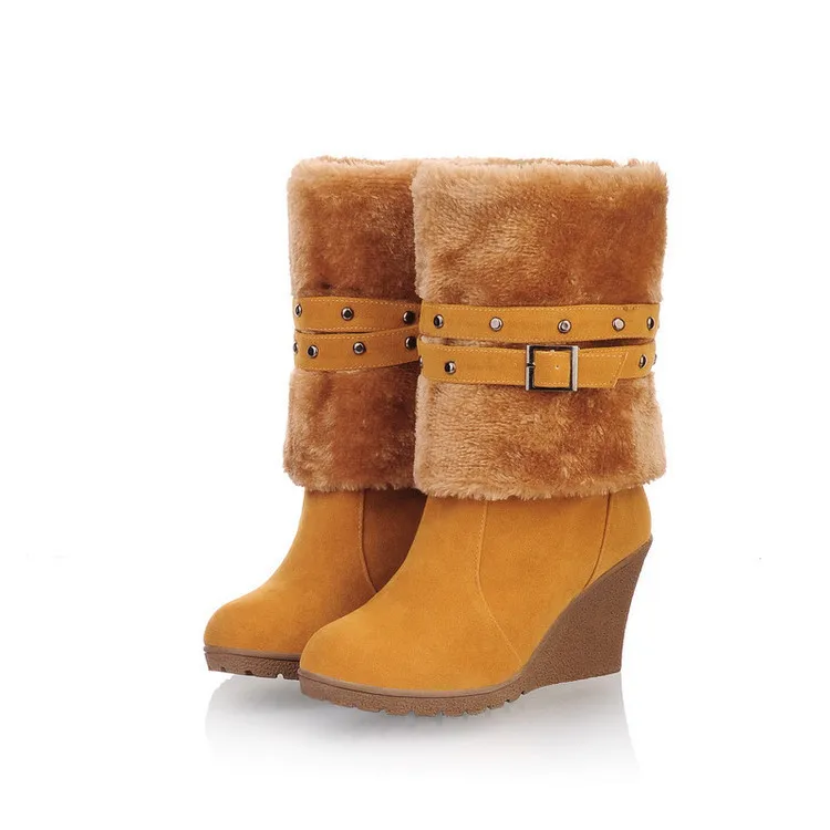 

2018 winter round head long boots flanging belt buckle wedge with women's boots plus velvet anti-skid large size riding boots.