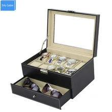 DHL, черные, ПУ, Роскошные, 2 слоя, 10 сеток, наручные часы+ Ювелирные очки, чехол для драгоценностей, коробка, деревянная Коллекция ювелирных изделий, дисплей, шкатулка WBG1069