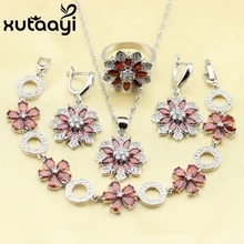 Flawless Mujeres Novia 4 UNIDS Red Creado Granate Plata Sterling Sistemas de La Joyería Elegante Collar/Anillos/Pendientes/pulsera