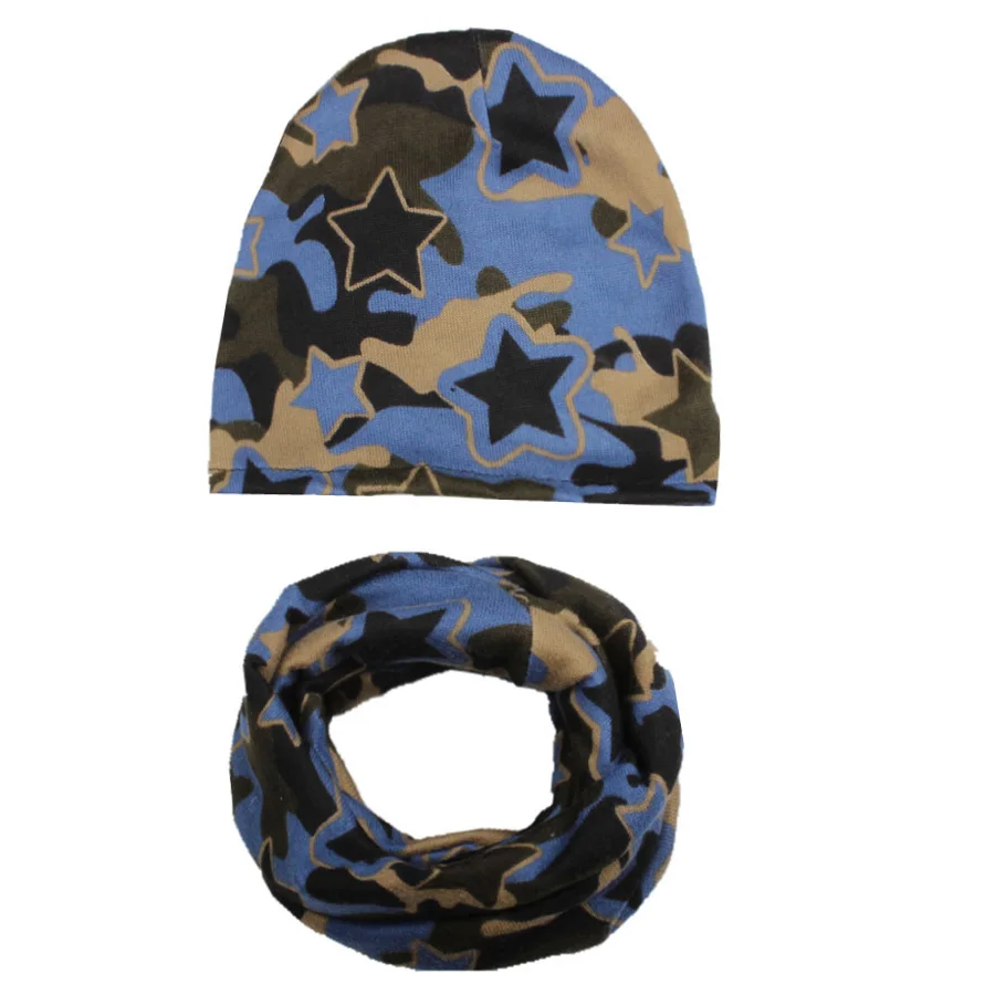 2pcsSet Spring Autumn Cotton Baby Hat Stars Pattern Kids Beanies Scarf Collar Set Boys Girls Beanie Cap Neck Warmers (8)