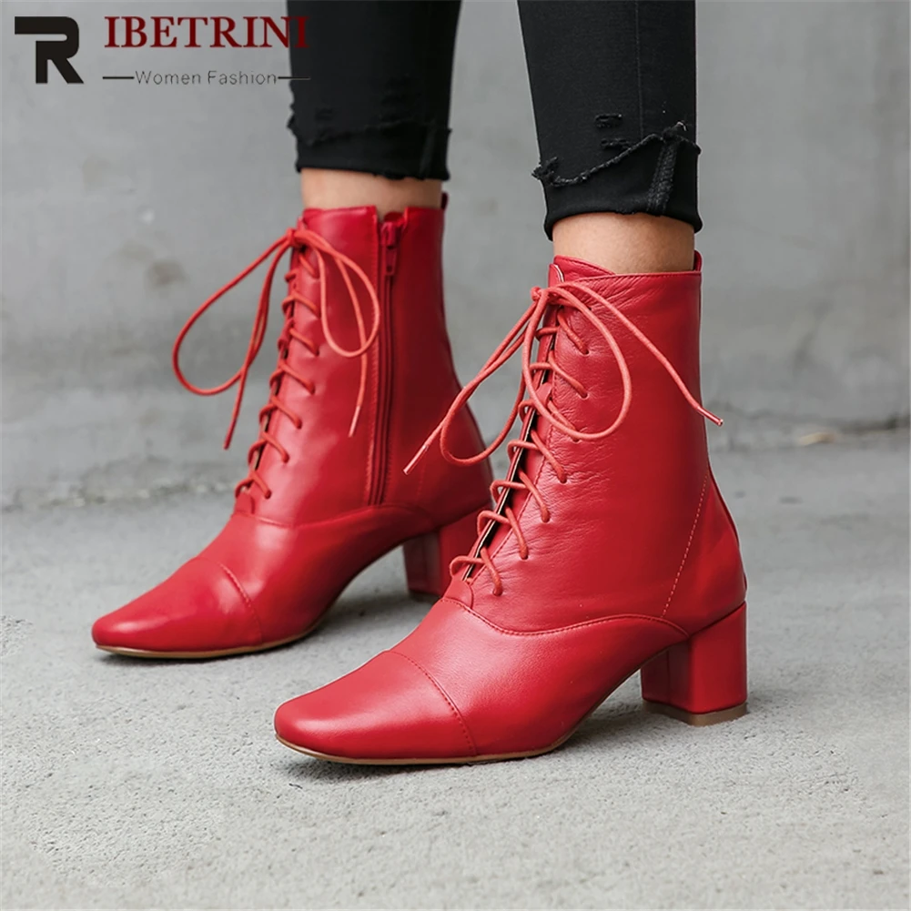 

RIBETRINI Genuine Leather Chunky Heels Autumn Boots Woman Shoes Top Quality Lace Up Casual Ankle Boots Women Shoes Woman