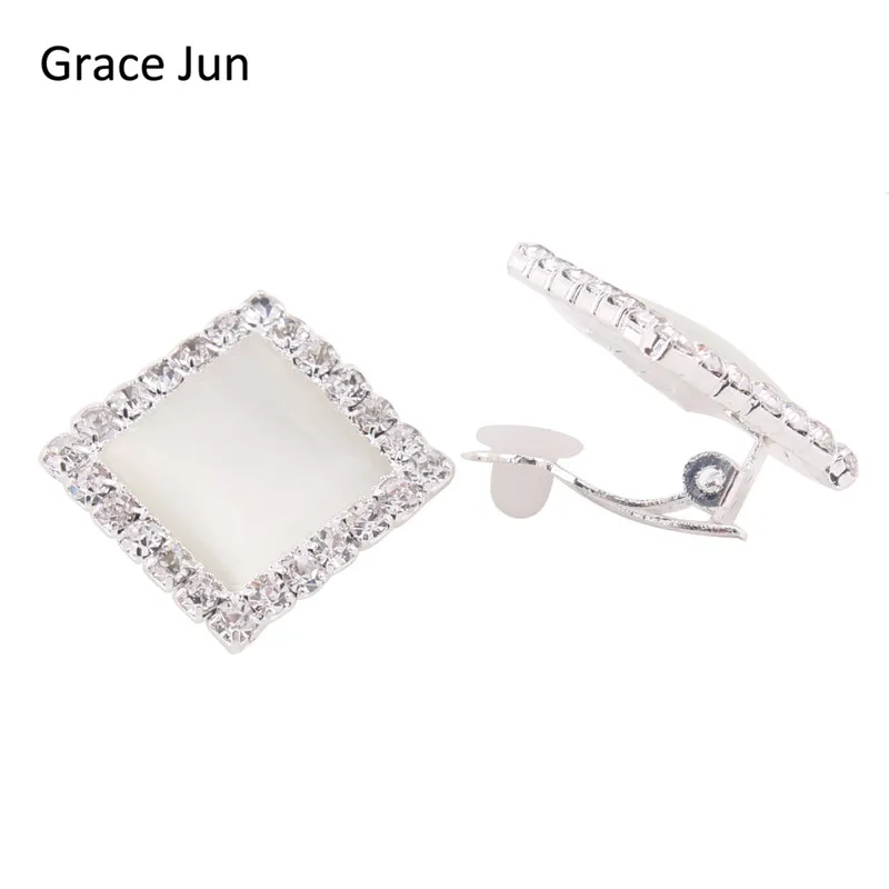 

Grace Jun(TM) New Arrival Big Opal Square Clip on Earrings Non Piercing for Women Party Charm Rhinestone Silver Plated Earrings
