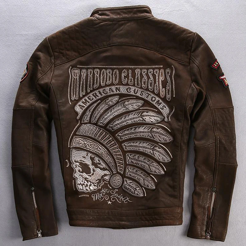 

China Imported Mens Motorcycle Real Cow Leather Jackets Overcoats Indian Avatar Streetwear Male Genuine Leather Coats XXXXL A563