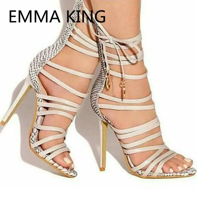 

2019 New Fashion Snake Prints Women Gladiator Sandals Open Toe Cutout Sexy Ladies High Heels Shoes Woman Lace Up Roman Sandals