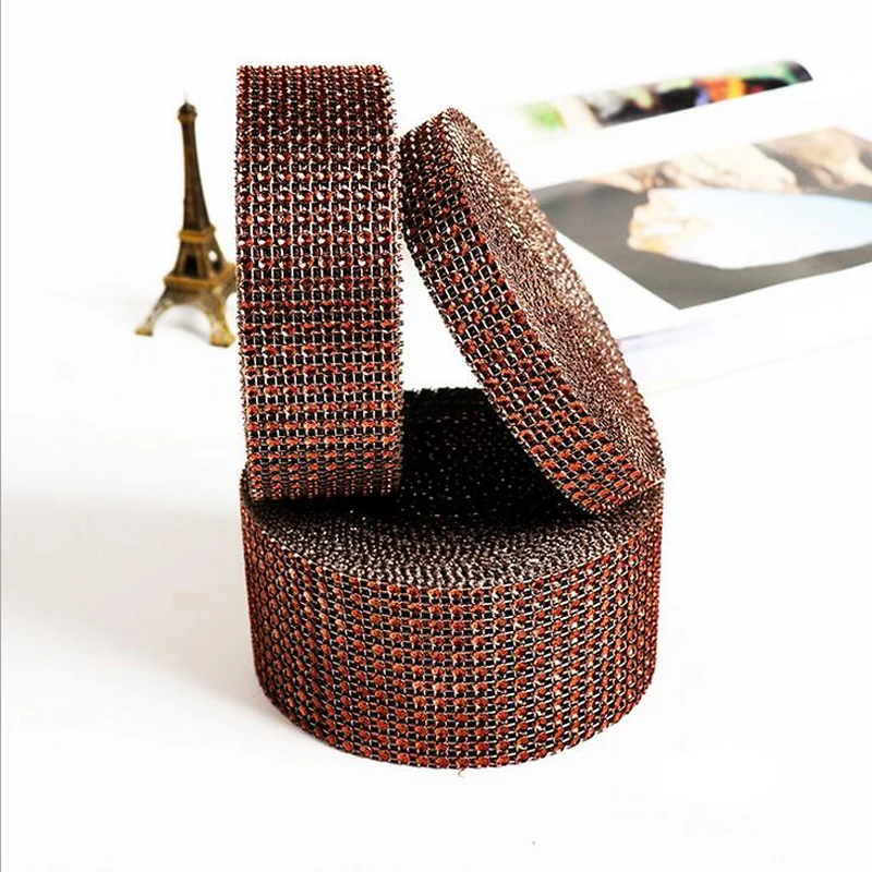 

REDJCK 5 Yards\lot Brown Plastic Diamond Rhinestone Mesh Wrap Ribbon For Wedding Event Party Decoration DIY Accessories