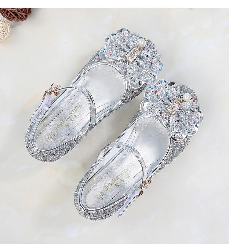 Girl Children Sequins High-heeled Dress Shoes Kids Spring& Autumn Butterfly-knot Party Wedding Princess Girls Shoes CSH814