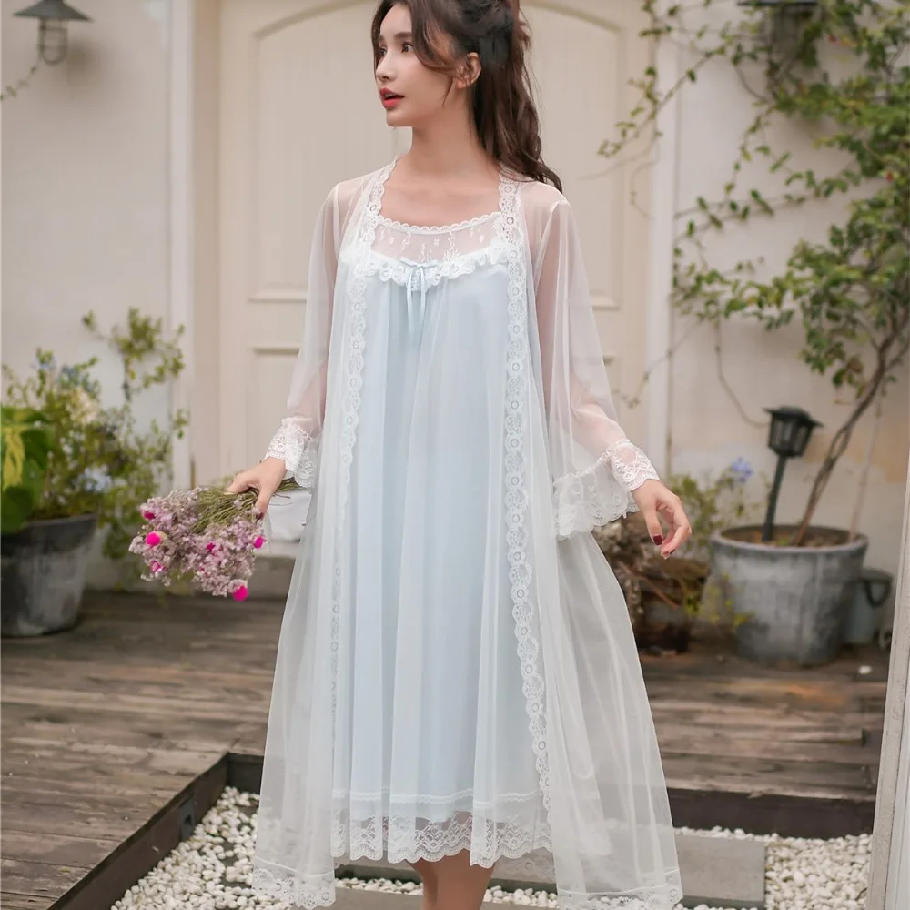 

Summer Soft Modal Sleepwear Women's 2 Pieces Robe Sets Vintage Princess Long Nightgowns Elegant Female Sexy Sleep Dress 8162