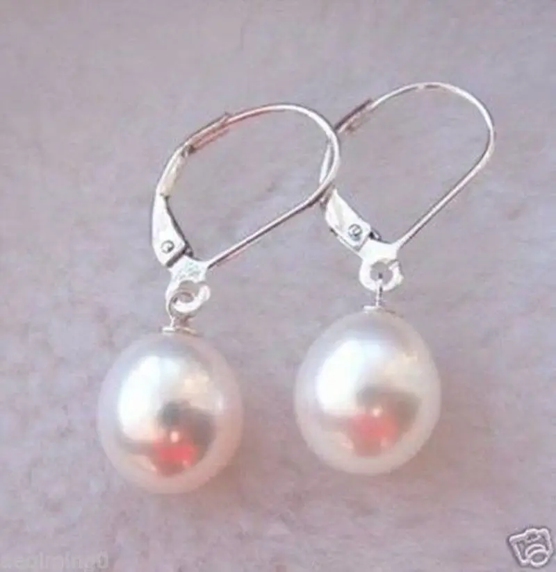 

Free shipping@ AAA 8 -14mm Natural white sea shell Pearl Leverback earrings silver