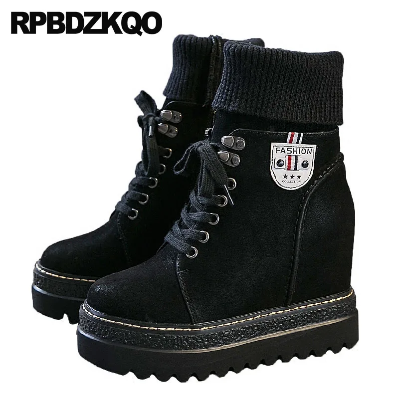 Avant Casual Bottes Noir brow Automne Extrême Lacent Caché Tricot Noir Flatform Militaire En Femmes Combat Chaussette Chaussures Fétiche Haut Talon Cheville wYq6Ax7a