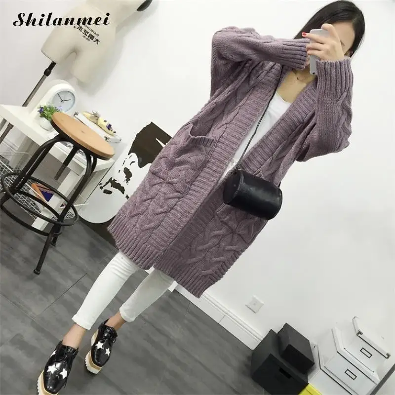 2018 Women Autumn Winter Sweater Green Long Cardigan Female Solid Purple Sweater Thick Long Sleeve Outwear With Two Pockets Sweaters