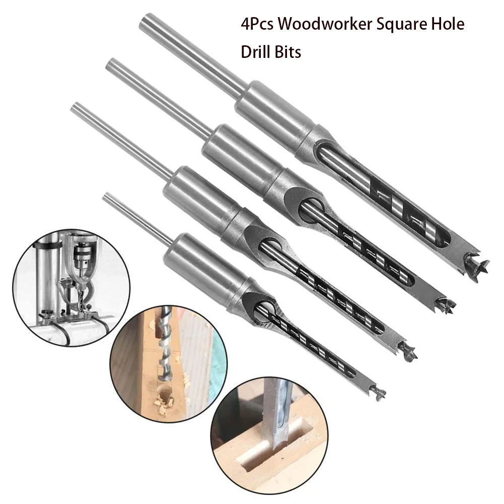 

4Pcs Woodworker Square Hole Drill Bits Wood Mortising Chisel Set Bit Kits for DIY Woodworking Tools Mortising Drill Power Tools