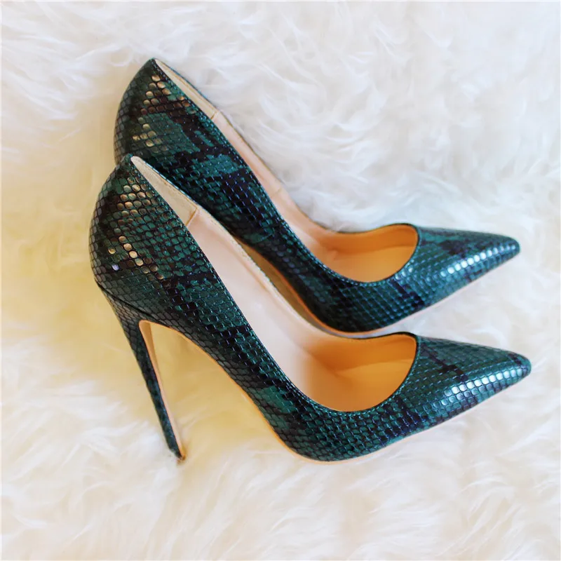 Veowalk/классические женские туфли на очень высоких каблуках с тиснением под змеиную кожу; пикантные женские туфли-лодочки на шпильке; женские вечерние модельные туфли без застежки - Цвет: Green 12cm Heels
