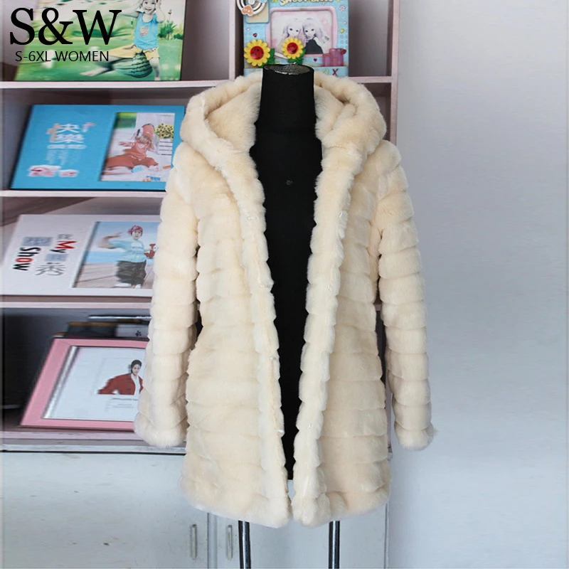 Зимнее женское пальто из искусственного меха с капюшоном средней длины теплые