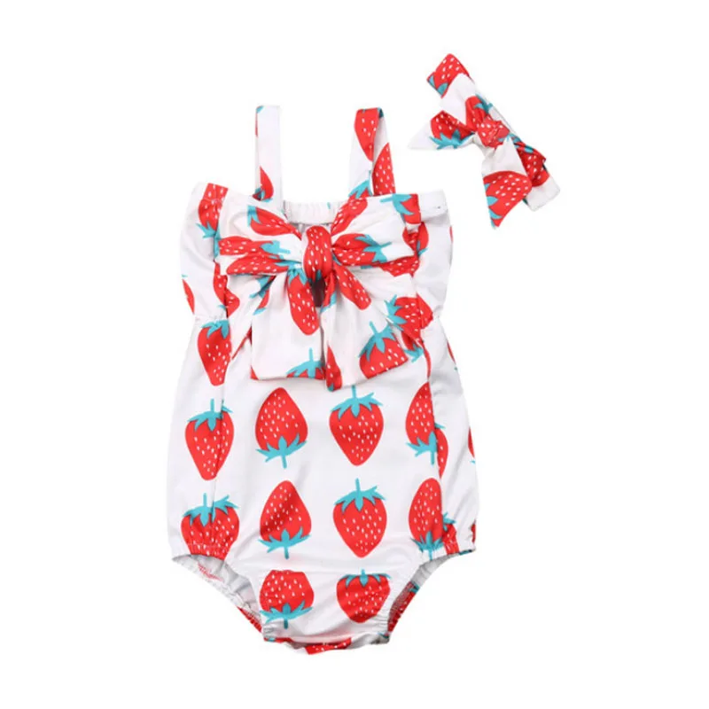

Newborn Kid Baby Girl Strawberry Bowknot Cotton Jumpsuit Outfits Clothes Summer Sleeveless Playsuits+Headband Clothes Sunsuit