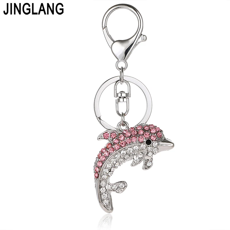 

JINGLANG Silver Color Metal Keyring Double Color Crystal 3D Dolphins Animals Charms Key Chains For Women Handbag Jewelry