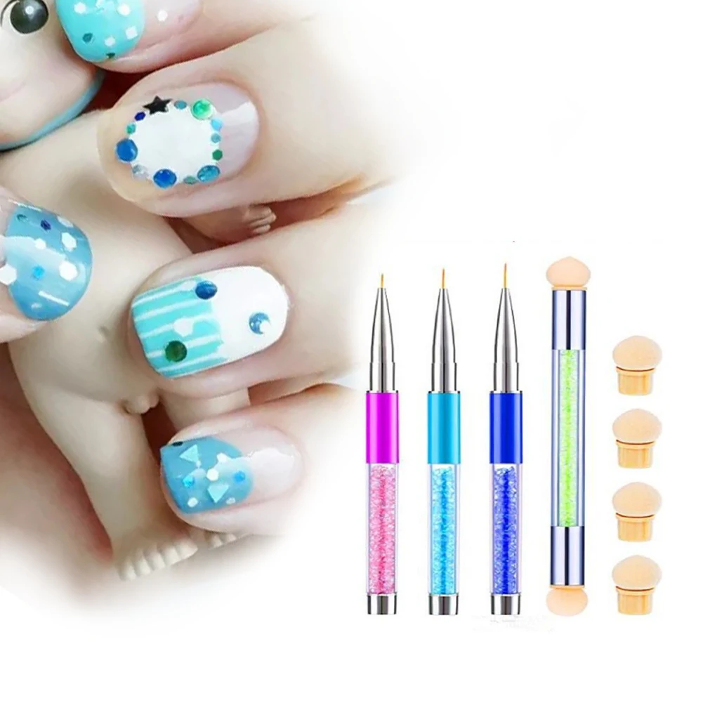 

4 Pcs Dual Tipped Replacement Acrylic Manicure Sponge Painting Liner Pen Nail Brush Set Shading Polish Ombre Tools UV Gel
