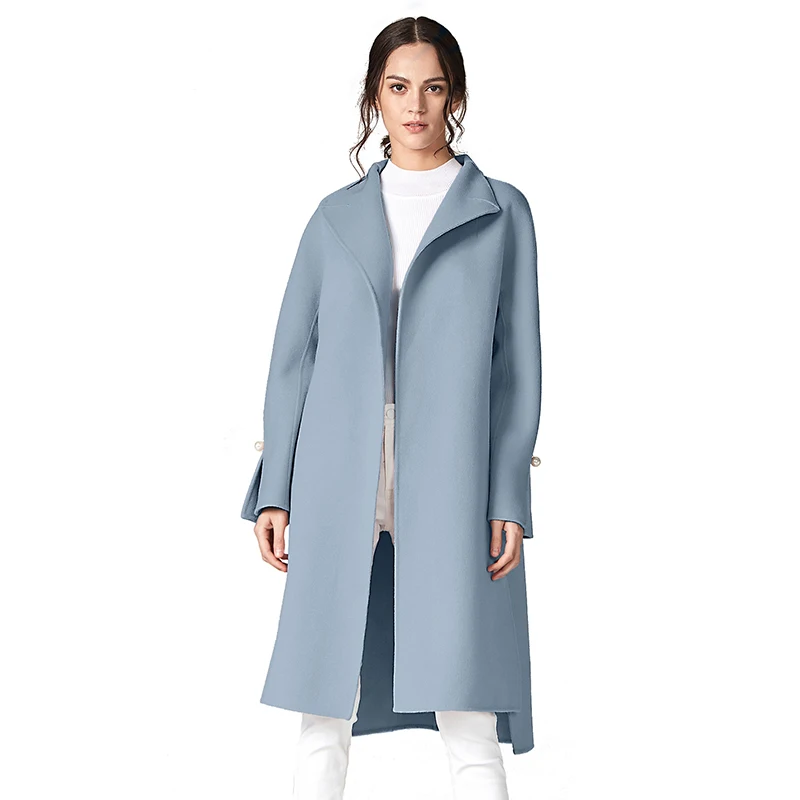 ESCALIER женское повседневное шерстяное пальто осень/зима отложной воротник длинный стиль манжеты жемчуг верхняя одежда пальто - Цвет: Синий