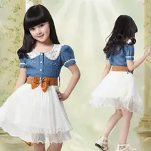 Girls Kids Princess Party Denim dress Tulle Stitching One piece Lace Dress 7-15Y