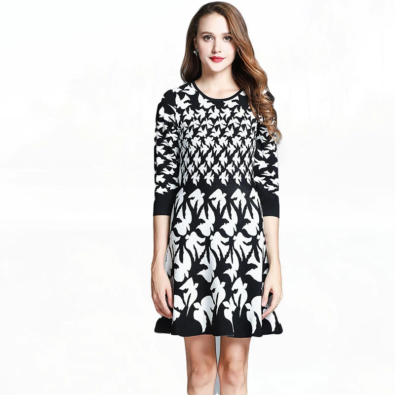 

Women O-Neck Cropped Sleeve Swallows Sweater Dress 2017 Winter Ladies Knitted A Line Casual Dresses Robe Pull Femme Hiver