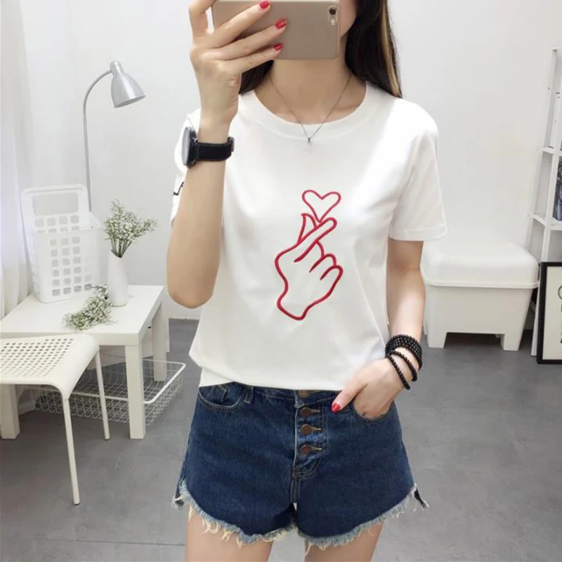 Summer Couples Lovers T-Shirt For Women Casual White Tops Tshirt Women T Shirt Love Heart Embroidery Print T-Shirt Female