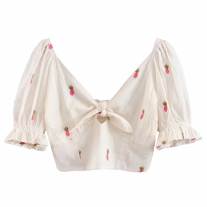

Klacwaya Woman pink Pineapple Embroidered Lace Bow Tops 2019 summer fashion blouse cute elegant party office ladies chic girls