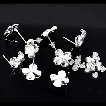 

50Pcs Silver Plated Flower Four Leaf Clover Copper Earring Posts With Stoppers Loop Jewelry DIY Component 14x14mm