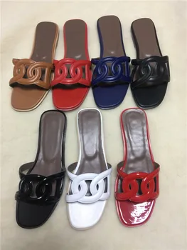 

Summer Brand Woman Slipper Square Toe Slides Women Leather Shoes Girl Adults Slides Beach Holiday Flats Sapato Feminino 2019