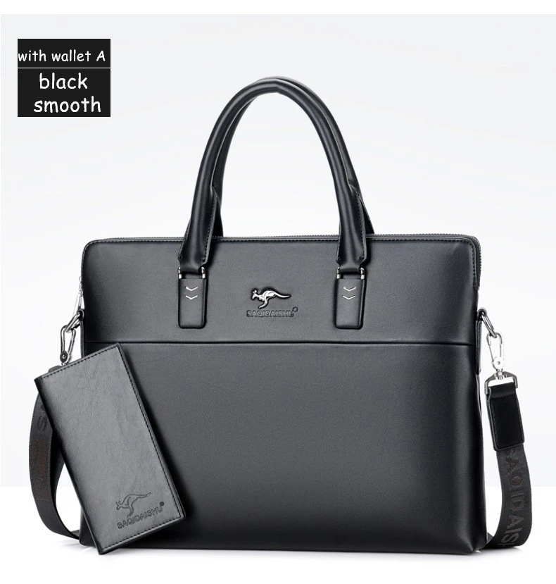 Мужские портфели, большая деловая сумка, А4, тетрадь, спилок, кожа, Формальная работа, сумки, мужские, через плечо, сумки-мессенджеры - Цвет: A black smooth