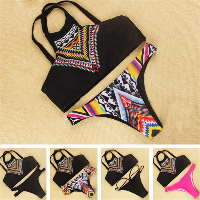New Design Sexy Bikini Psychedelic Push Up Women Retro High Neck Bikini Set Bath Suit Bottom Swimwear