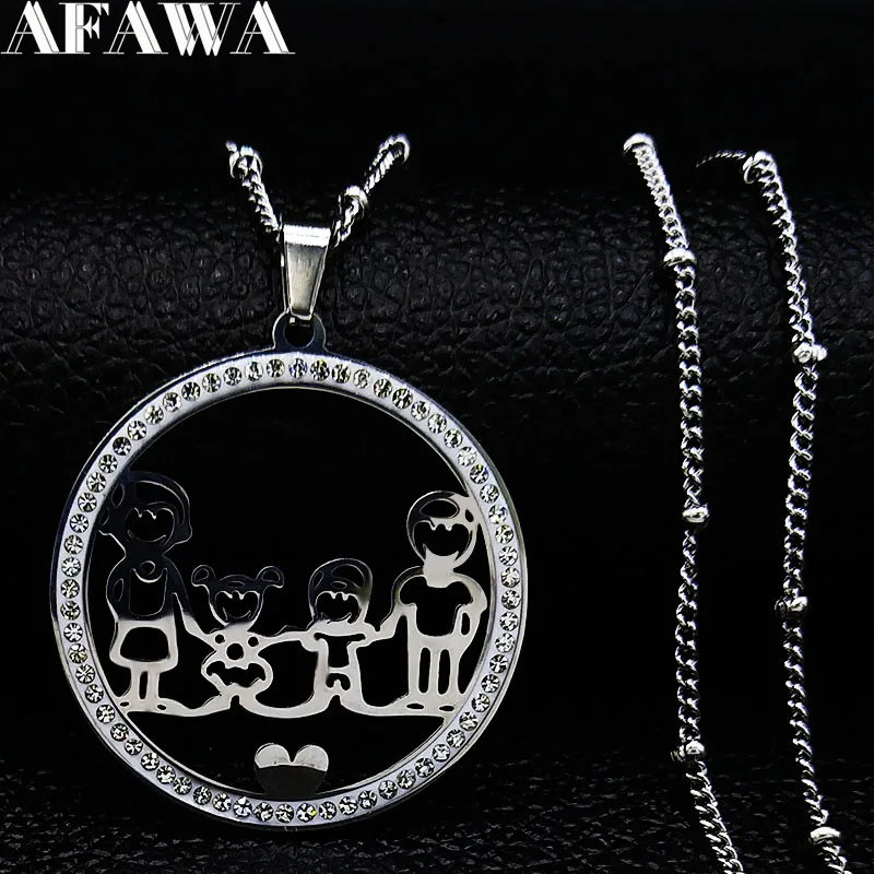 

Family Boy and Gril Crystal Stainless Steel Necklace for Women Silver Color Choker Necklace Jewelry collares largos N19132