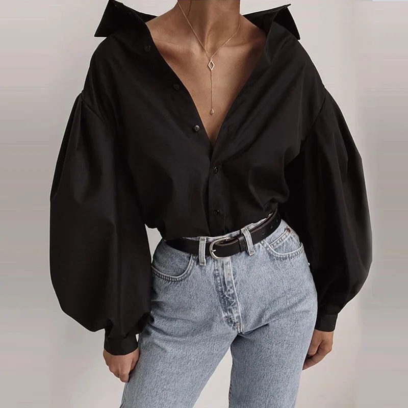 Модная женская Повседневная рубашка с рукавом-фонариком, однотонная черная блуза с длинным рукавом, Camisas Mujer, уличная женская рубашка с отложным воротником