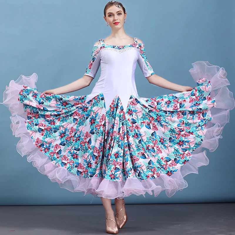 

Ballroom Dance Dress Mid Sleeve Elegant Print Flamenco Skirts Women Ballroom Waltz Dresses Dancing Clothes Practice Wear DN3294