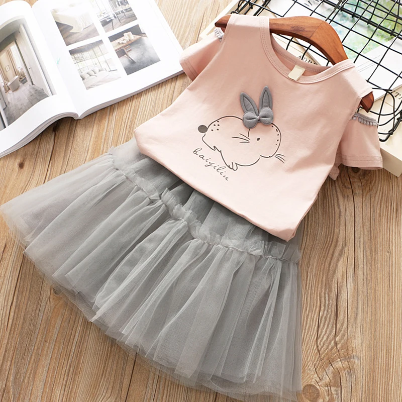 Sodawn Summer Brand Fashion Girls Clothes Cartoon Rabbit T-shirt+ Mesh Dress 2pcs Cute Children Clohting Baby Clothing