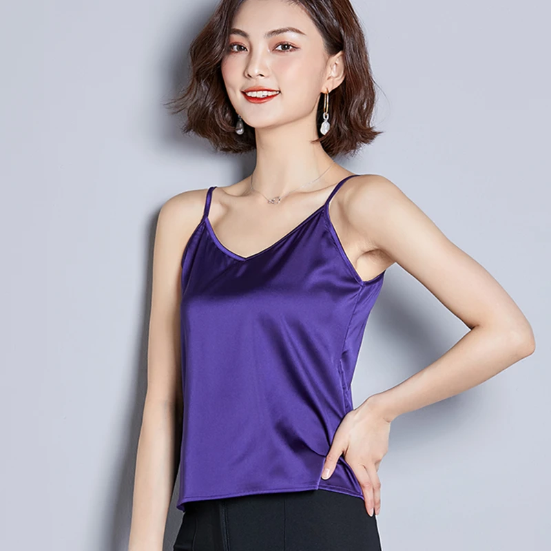 

Korean Fashion Silk Women Camis Satin Sleeveless Spaghetti Strap Top Pink Women Tank Tops Plus Size XXL White Shirt