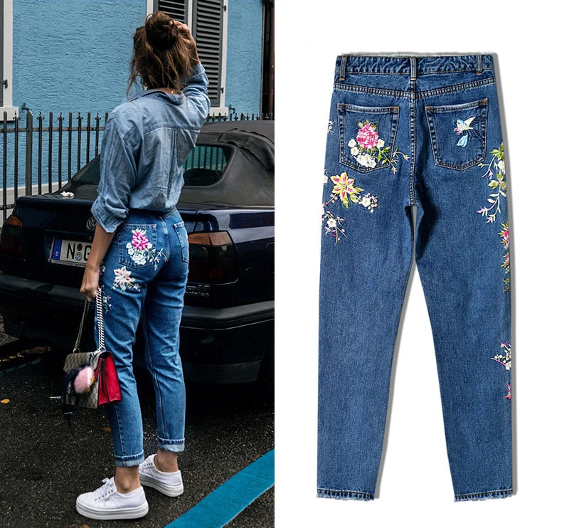 Весенние винтажные джинсы с вышитыми птицами и цветами, женские джинсовые штаны с высокой талией на молнии, Новое поступление, синие женские джинсы, брюки