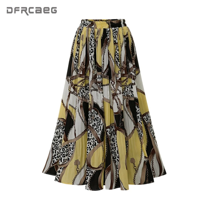2019 Новое поступление Уличная Стиль миди плиссированная юбка с принтом для женщин эластичный пояс желтый шифон юбки для s высо