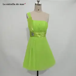 Vestido madrinha casamento2018 Новый шифон одно плечо линия зеленый лайм нарядные платья по колено дешевые gaun pesta dewasa