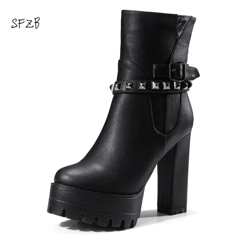 

SFZB 2018 Thick High Heels Ankle Boots For Women Zip Metal Sexy Boots Winter Spring Shoes High Thick heels Platform Boots