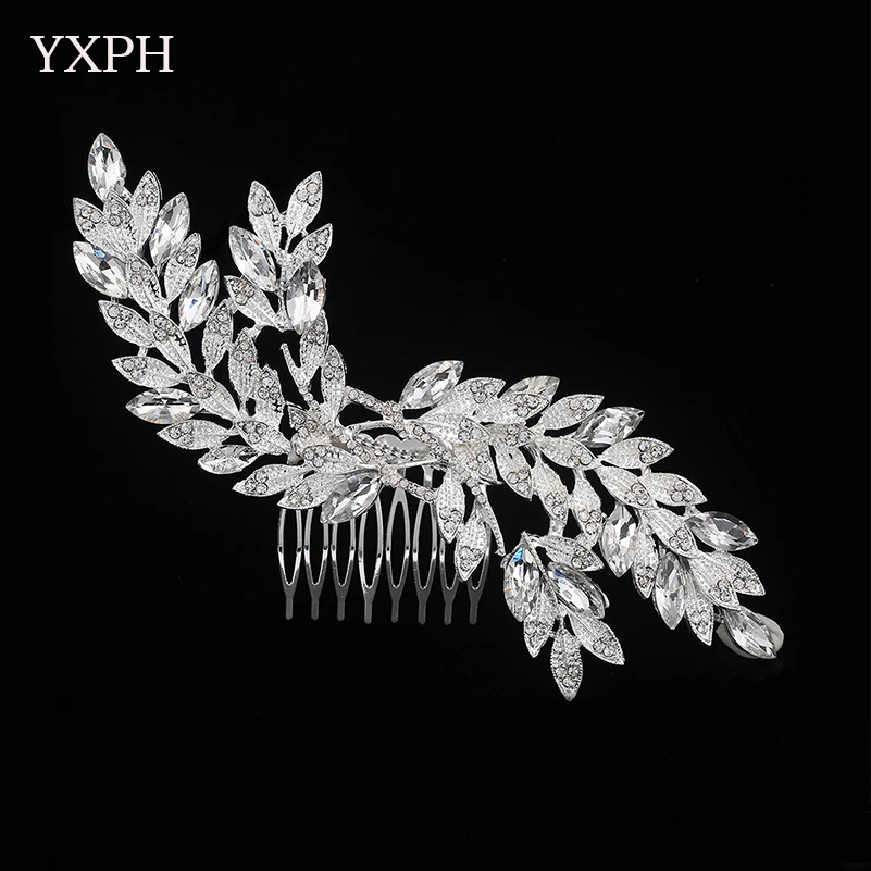 YXPH Crystal Wedding Hair Accessories For Women Silver Color Leaf Shape