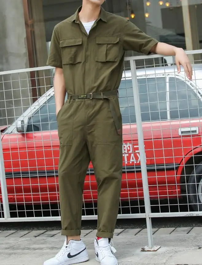 Японский ретро Рабочий Комбинезон мужской Корейский с короткими рукавами Повседневный Комбинезон мужской модный хип-хоп комбинезон
