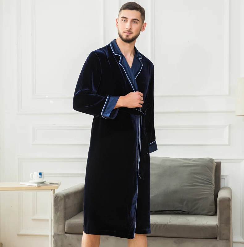 Мужская пижама из шелка роскошный пеньюар синий чистый шелк халаты имитация длинный рукав ночная одежда зима весна осень мужские шелковые халаты