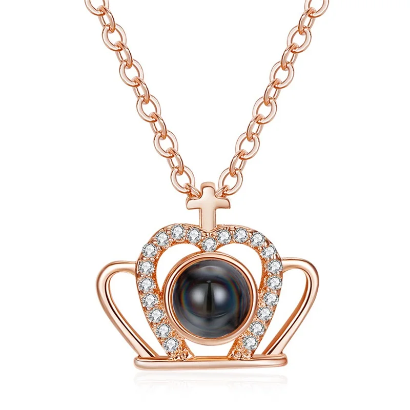 

Rose Gold Silver 100 Languages I Love You Necklace Projection Crown Pendant Romantic Love Memory Wedding Necklace Fashion Gift